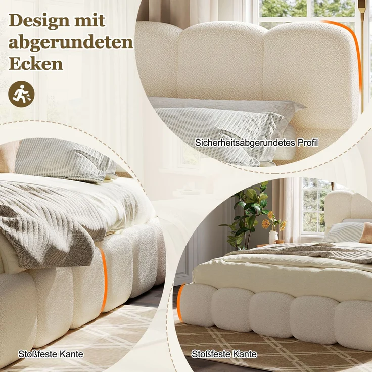 Merax Doppelbett, Polsterbett, 200*200cm, hydraulisches Funktionsbett, Bett mit Lattenrost, Kopfteil und großem Stauraum, gepolstertes Kopfteil, Weiß Bouclé – Bild 6