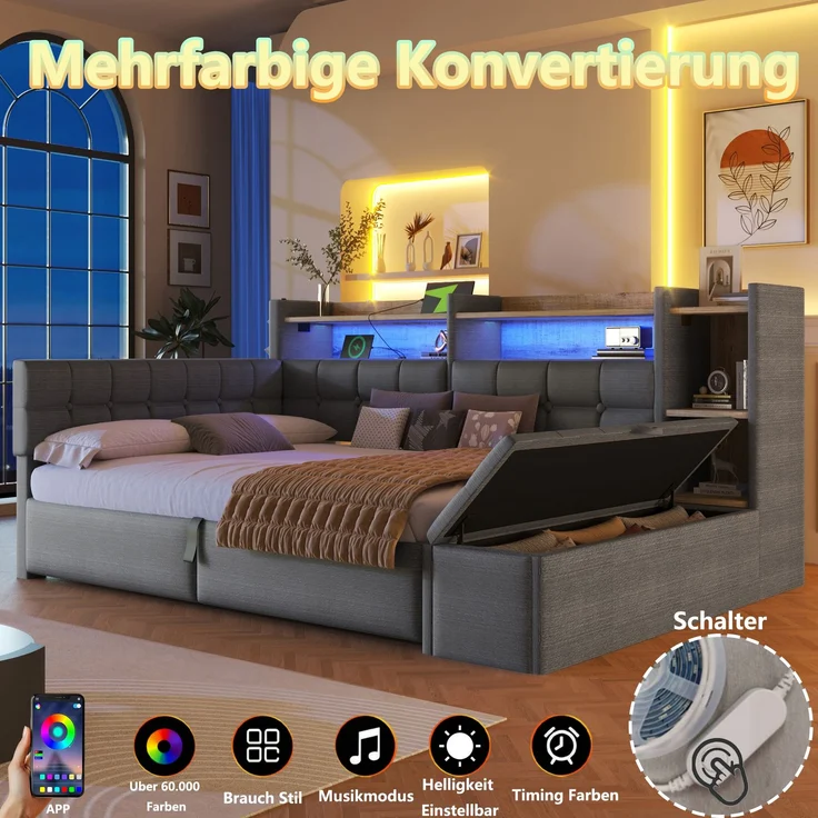 Tagesbett, Daybett, Schlafsofa, 90 × 200 cm, mit hydraulischer Lagerung, USB- und Typ-C-Anschlüssen, Ablagefach, Stauraumbank am Fußende, LED-Lichtleiste, Ohne Matratze, Velvet, Dunkelgrau – Bild 7