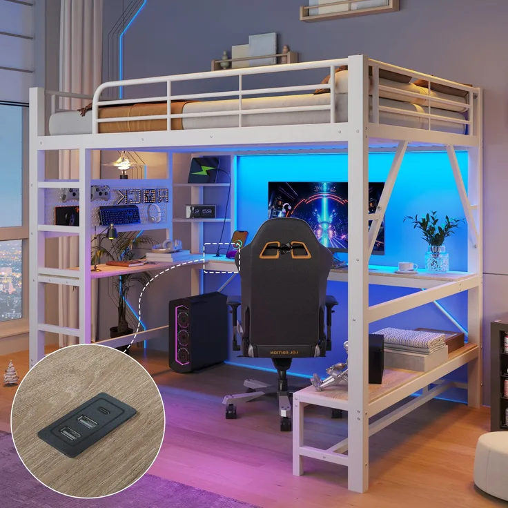 EINHOM Hochbett, 160 x 200 cm, Eisenrahmen, Schreibtisch, Geländer, Trittleiter, Mehrere Ablagen, mit Usb+type-c Steckdose, mit LED Leiste, mit Lochbrett, Weiß (Ohne Matratze)