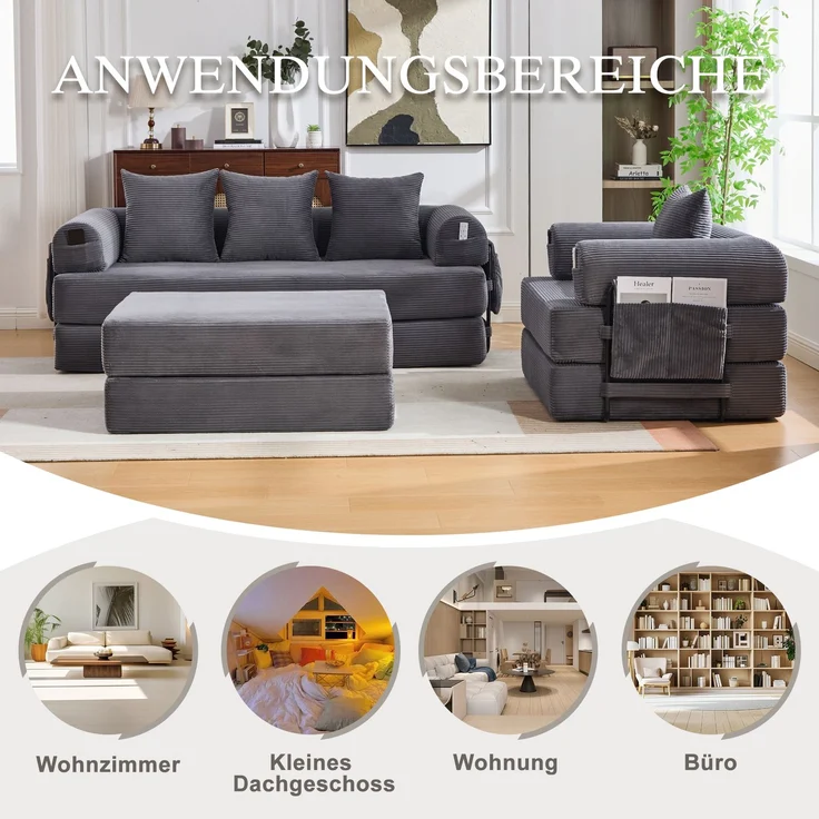 ZUBALIYA Ecksofa 94x67 cm, mit Ablageflächen, mit Cordbezug, mit breiten Armlehnen, modular aufgebaut, mit Schaumstoffpolsterung – Bild 10