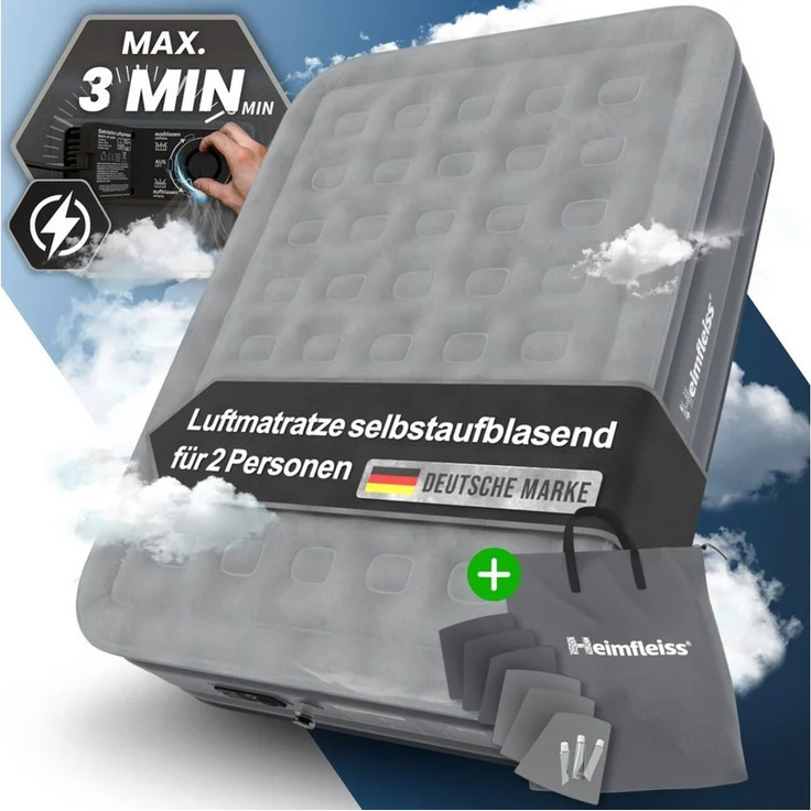 Heimfleiss® Luftmatratze selbstaufblasend 150x200 cm | Premium Luftbett 2 Personen | Schnell Aufblasbare Matratze ideal nutzbar als Gästebett & Camping Bett | Selbstaufblasbare Gästematratze mit Pumpe – Bild 5