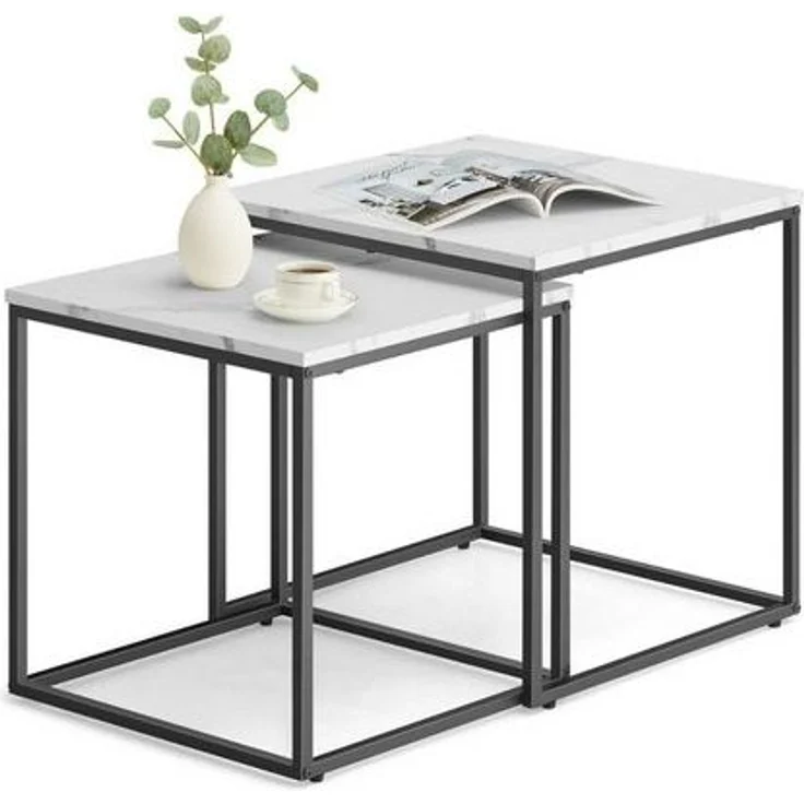 Home Collective Couchtisch 2er Set Beistelltisch Loft Design 2in1 Verschachtelung Wohnzimmer, kratzfeste Oberfläche 50&45cm Marmor Optik, schwarz Beinen quadratisch – Bild 4