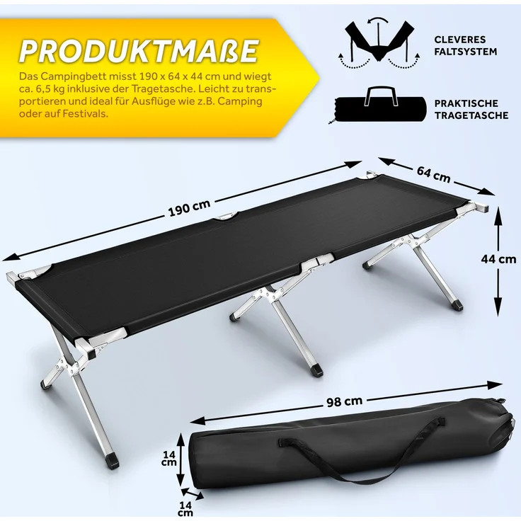 TRESKO XXL Campingbett Feldbett 190 x 64 x 44 cm Metallrohr - Belastbarkeit bis 150kg Schwarz – Bild 5