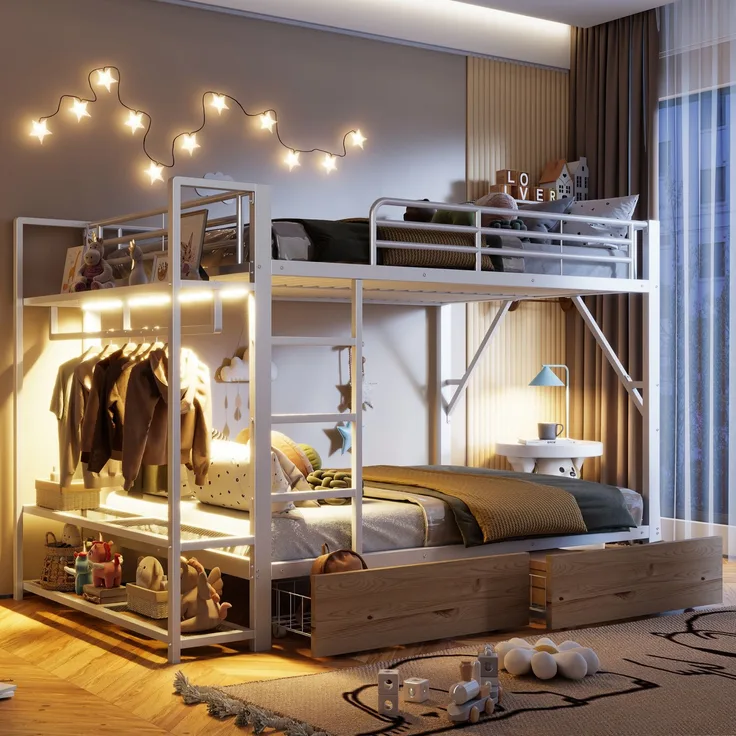 EINHOM Etagenbett, 140 x 200 cm, Eisenrahmen, 2 Schubladen, Mehrere Ablageflächen, mit LED-Lichtleiste, mit Kleiderstange, Matratze Nicht im Lieferumfang Enthalten, Weiß (Ohne Matratze)