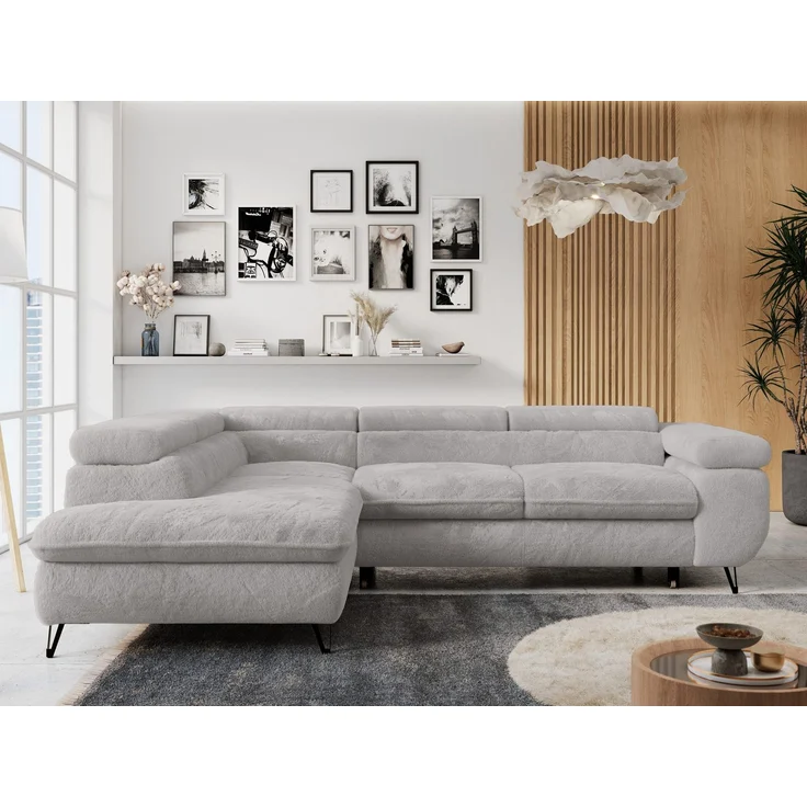 Ecksofa mit Bettfunktion, Modern Sofa, L-form, Einstellbare Kopfstützen, Bettkasten - PETER - Hellgrau Plüsch - Topper T25 - links – Bild 4
