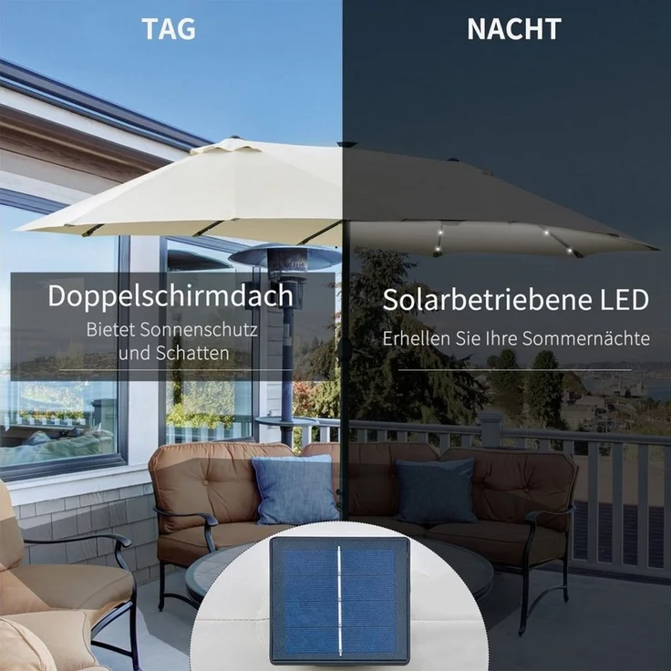 Outsunny Sonnenschirm Mit LED Doppelsonnenschirm Terrassenschirm mit Handkurbel, LxB: 256x440 cm, Marktschirm, Gartenschirm, Oval Metall Cremeweiß – Bild 3