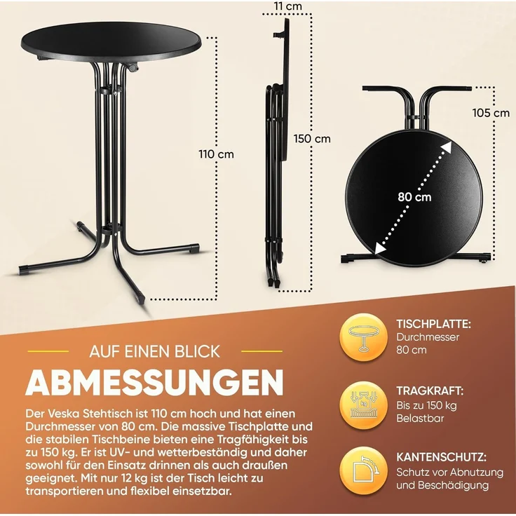 VESKA Stehtisch Ø 80cm inkl. Husse, Gastro Bistrotisch (klappbar Indoor & Outdoor, höhenverstellbare Füße, Klapptisch rund), Partytisch, Empfangstisch, Gartentisch wetterfest – Bild 2