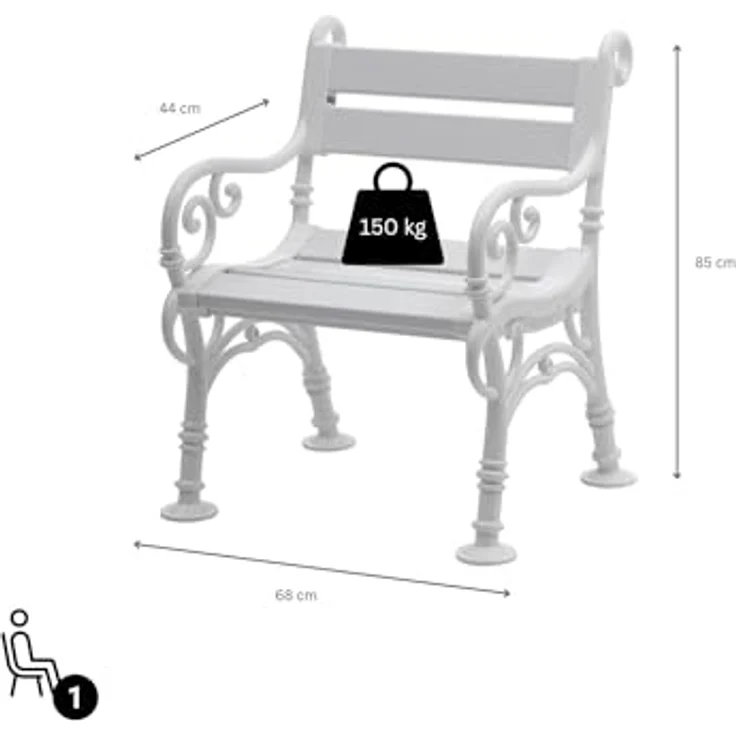 PROREGAL Gartenbank Curacao 1 Sitzer, Weiße Parkbank aus witterungsbeständigem Kunststoff, HxBxT 85 x 68 x 60 cm, belastbar bis 250 kg – Bild 3