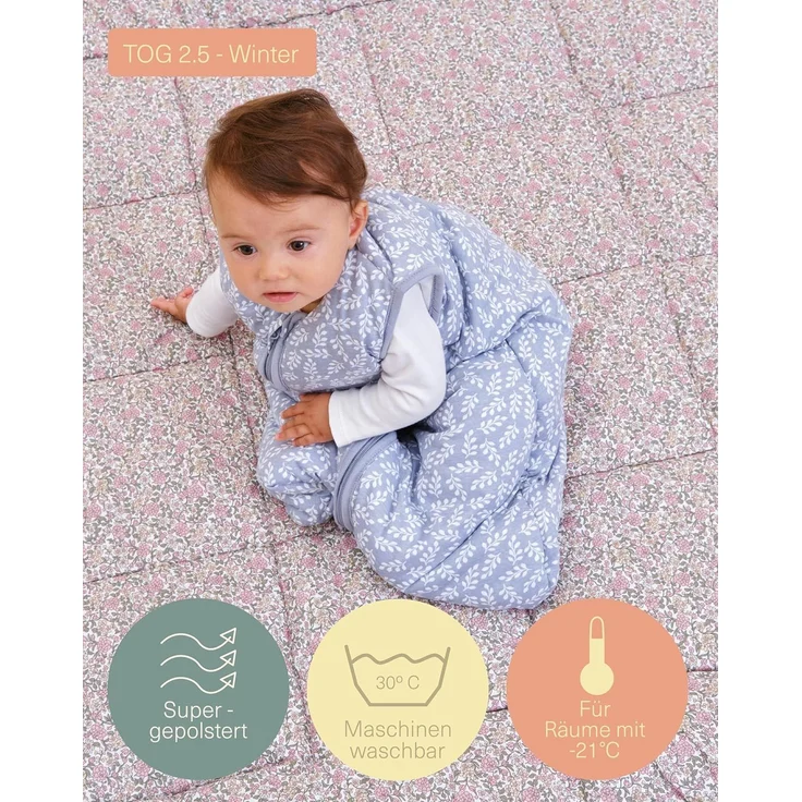 molis&co - Baby Schlafsack ärmellos - Ideal für den Winter - Babyschlafsack tog 2.5 ohne Ärmel - 100% Baumwolle (Oeko-TEX 100), Premium Qualität - BlueGarden (70 cm, 0-6 Monate) – Bild 4