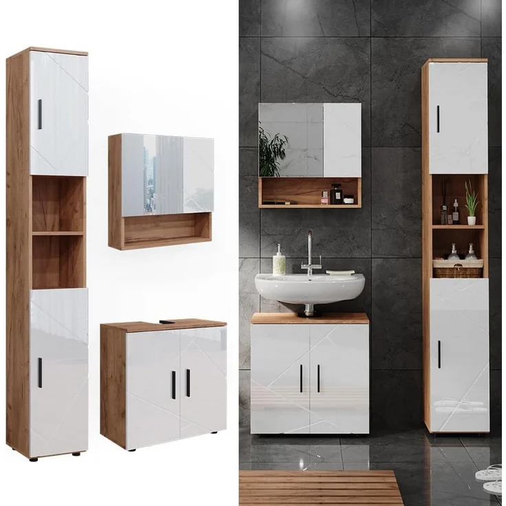 Badmöbel-Set Irma Weiß Hochglanz/Goldkraft Eiche 3 Teile, mit Hochschrank Vicco – Bild 2