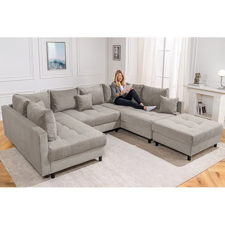 riess-ambiente Wohnlandschaft KENT 305cm greige / schwarz · inkl. Hocker · U-Form · XXL Couch, Einzelartikel 1 Teile, Ecksofa · Wohnzimmer · mit Federkern · Cord-Bezug · Modern Design