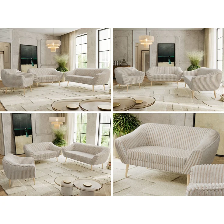 Wohnzimmerset PIRS 1-2-3, Skandinavisches Komplettset, Wellenfederung, Buche Füße, Sitzgruppe, Möbelset - Beige Cord – Bild 2