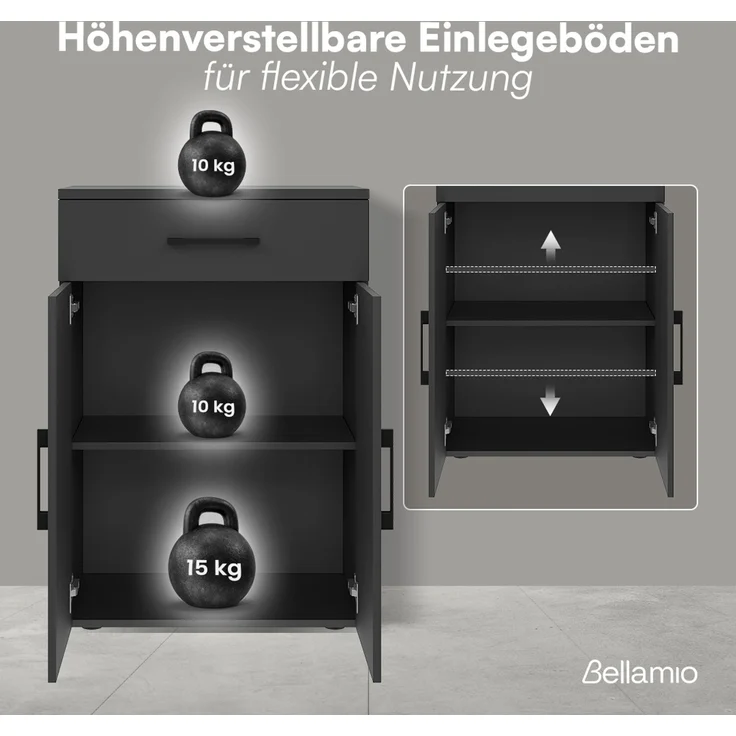 Bellamio 'Apol' Mehrzweckschrank, anthrazitschwarz, 88x33x60 cm, kleiner Aktenschrank mit 2 Fächern und 1 Schublade – Bild 4