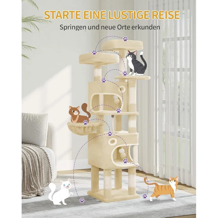 Kratzbaum, 159 cm Katzenbaum mit 8 Kratzsäulen, 3 Plattformen, 2 Höhlen, Korb, Plüschbälle, Sisalseil, Geeignet für Katzen Verschiedener Größen, Beige – Bild 3
