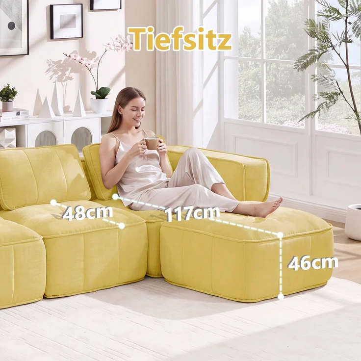 EINHOM 3-Sitzer U-förmiges Modulsofa mit 2 Hockern, ohne Gestell, 32D-Hochdichteschaum, tiefe Sitzfläche, hautfreundlicher, weicher Stoff, ideal für Wohnzimmer, keine Montage erforderlich, Gelb – Bild 6