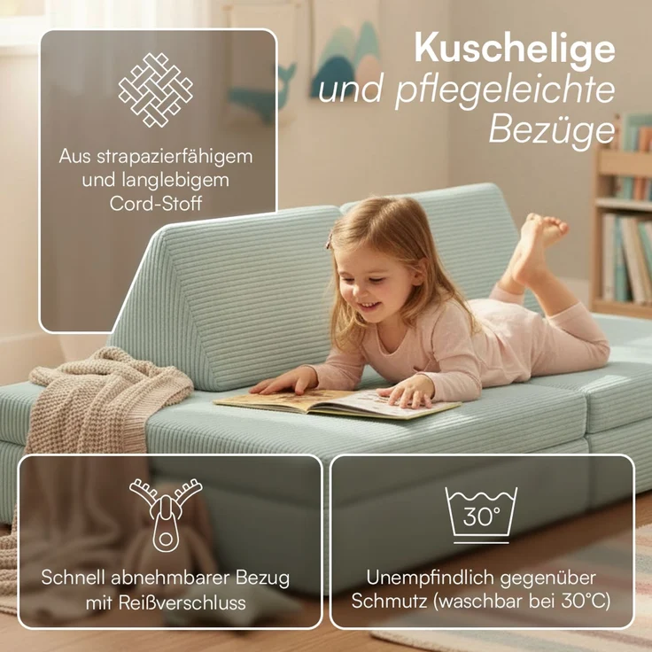 Bellabino 'Nile' Spielsofa, 4-tlg, Cord, türkis, faltbare Kindercouch, abnehmbarer & waschbarer Bezug, Kindersofa aus Schaumstoff – Bild 5