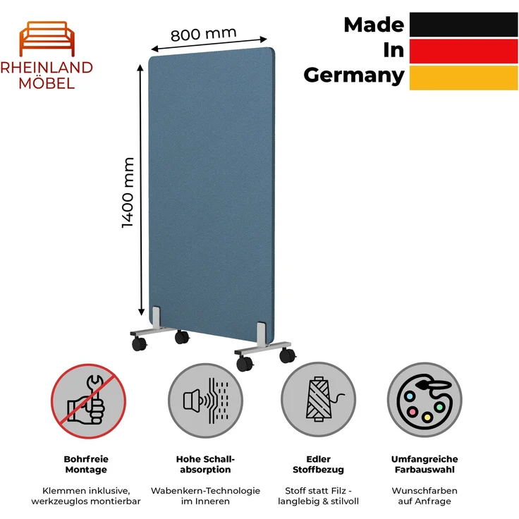 Rheinland Möbel FocusWall STWR0814 – Akustik-Stellwand 800×1400 mm in Stofffarbe Steel inkl. Rollen – Mobile Schreibtisch-Trennwand für Büro & Homeoffice – Schallschutz – Made in Germany – Bild 2