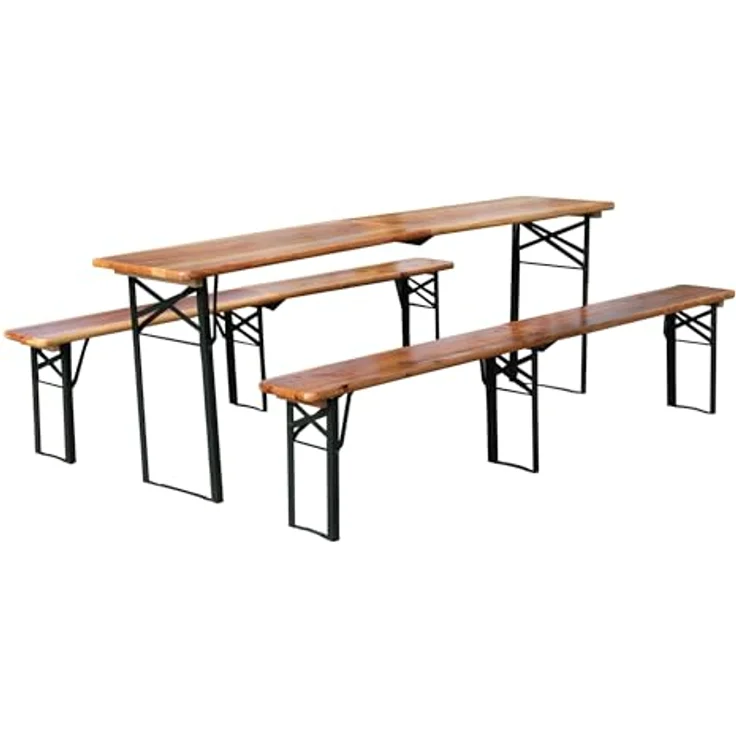 Ball & Cast Bierzeltgarnitur 3-teilig, Biertisch Klapptisch mit 2 Sitzbänken, Camping Tisch faltbar, Wetterfester Kiefer Massiv, Natur, 220 cm – Bild 9