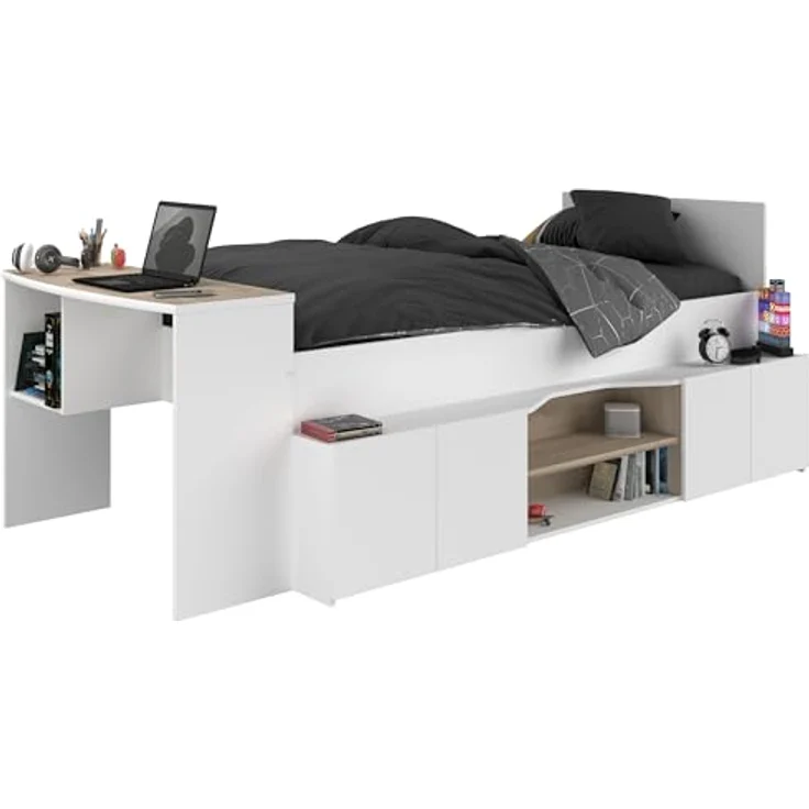 Jugendzimmer Hochbett Cleo von Parisot Jugendbett Funktionsbett 90 x 200 cm in Weiß und Jackson Eiche mit Stauraum komplett Set - in verschiedenen Zusammenstellungen wählbar - 2 teilig , halbhohes Hochbett und Kleiderschrank – Bild 3