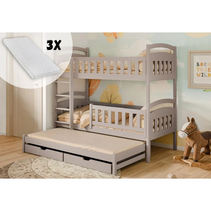 Kids Collective Etagenbett Hochbett Stockbett Kinderbett 90x200 cm mit Ausziehbett und Schubladen (mit drei Matratzen inklusive), Umbaubar zu 3 Einzelbetten mit Lattenrosten & Rausfallschutz, Kaschmir – Bild 1
