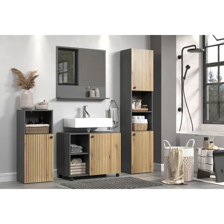 Badezimmer Hochschrank Bliss in Evoke Eiche und grau 40 x 186 cm – Bild 5
