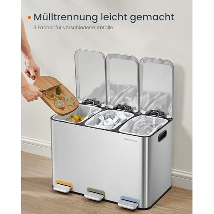 SONGMICS HOME Mülleimer Küche, 3x15 L Fächer, Abfalleimer mit farbcodierbaren Pedalen, Mülltrennsystem, mit Deckeln und Inneneimern, Stahl, metallicsilber LTB740E45V1 – Bild 4