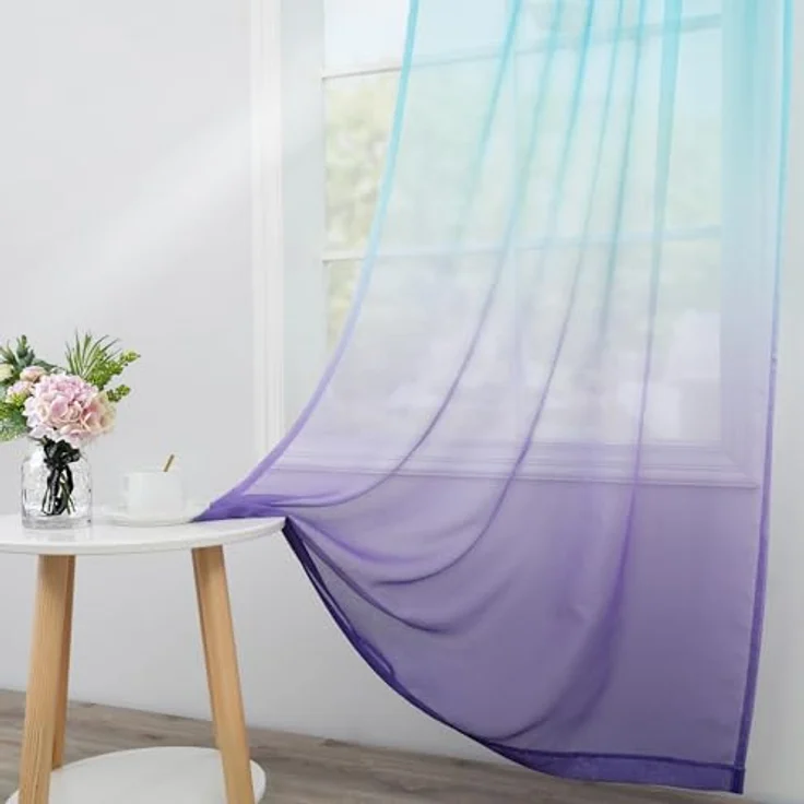 KOUFALL Violette Vorhänge für Schlafzimmer, Mädchenzimmer, Meerjungfrauen-Ombré-Optik, durchscheinende Kindervorhänge für Kinderzimmer, Baby, 2-teiliges Set, helles Lavendel und Blaugrün, 213 cm lang – Bild 5