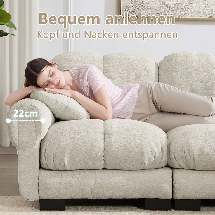 EINHOM 3-Sitzer Cloud-Sofa, inklusive 2 kleinen Dekokissen, Feines Steppdesign, Dicke Sitzkissen, Weich und Stützend, Ergonomisch geformte Rückenlehne, Einfach Aufzubauen, geeignet für das Wohnzimmer, Hellkhaki – Bild 6
