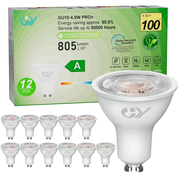 GY GU10 LED Warmweiss Lampe,4,5W 2700K 805 Lumen Warmweiß Glühbirnen,Ersetzt 100W Leuchtmittel,36° Abstrahlwinkel Spot Strahler,Enegiesparende GU10 Nicht Dimmbar Reflektor Lampen,12 stück
