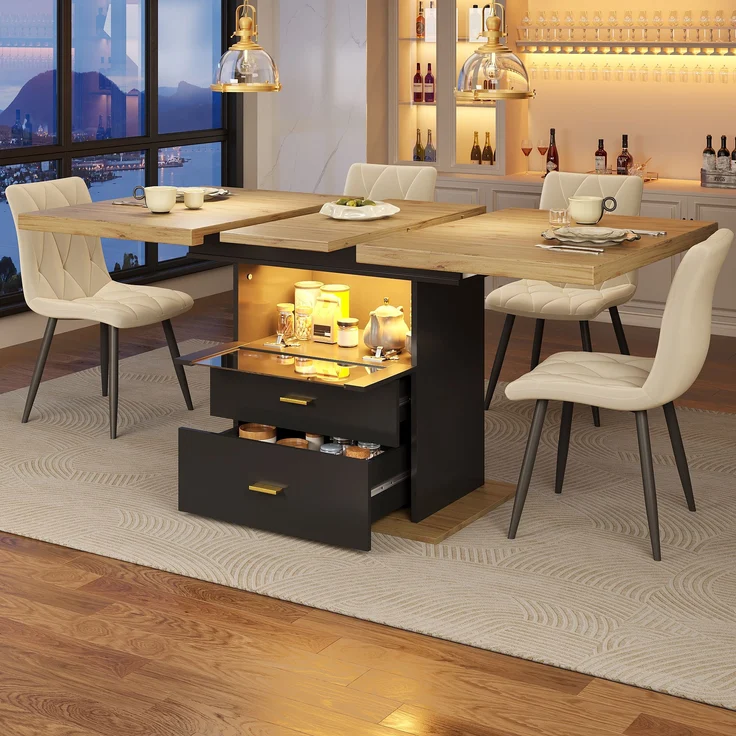 Ausziehbarer Esstisch mit LED-Beleuchtung 110/140x80x75 cm, Holzoptik, schwarzer Schrank & 2 Schubladen – Bild 4