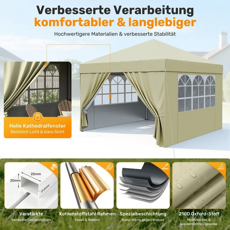 Hawthyhome Faltpavillon 3x3 Pop-Up Partyzelt, wasserdicht & UV50+, One-Touch-Schnellaufbau, 3 Höhenstufen, stabiles Kohlenstoffstahl-Gestell, inkl. 4 Seitenwände & Tragetasche, für Garten, Terrasse & Gartenpartys, Beige – Bild 5