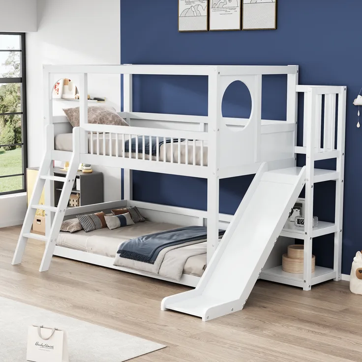 Kinder-Etagenbett mit Rutsche, Treppenstauraum und integrierten Regalen, 150x247x170 cm, Weiß, ohne Matratze