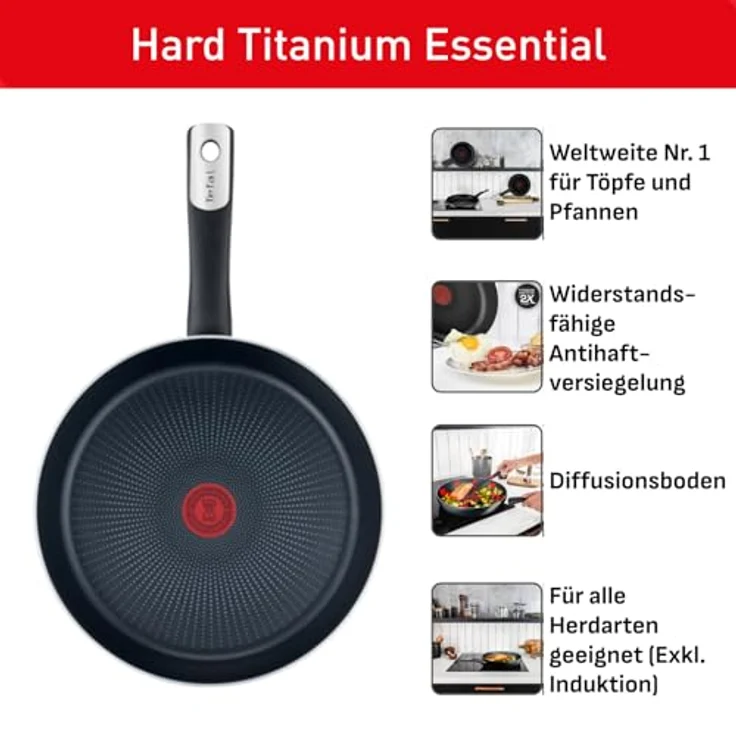 Tefal C38804 Bratpfanne aus hartem Titan Essential, 24 cm, Antihaftbeschichtung mit Titanpartikeln, Temperaturanzeige, spülmaschinenfest, Schwarz – Bild 3