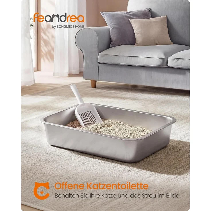 FEANDREA Großes Edelstahl Katzenklo Offen mit Hohem Rand Geruchsfrei 50 x 35 x 15 cm Silber – Bild 2