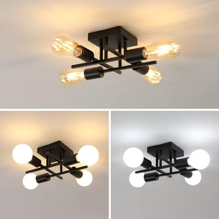 Goeco Deckenleuchte Vintage, Industrial Kronleuchter Lampe E27 4 Flammig Metall, Retro Deckenlampe Schwarz Pendelleuchte für Schlafzimmer, Wohnzimmer, Esszimmer, Küche – Bild 4