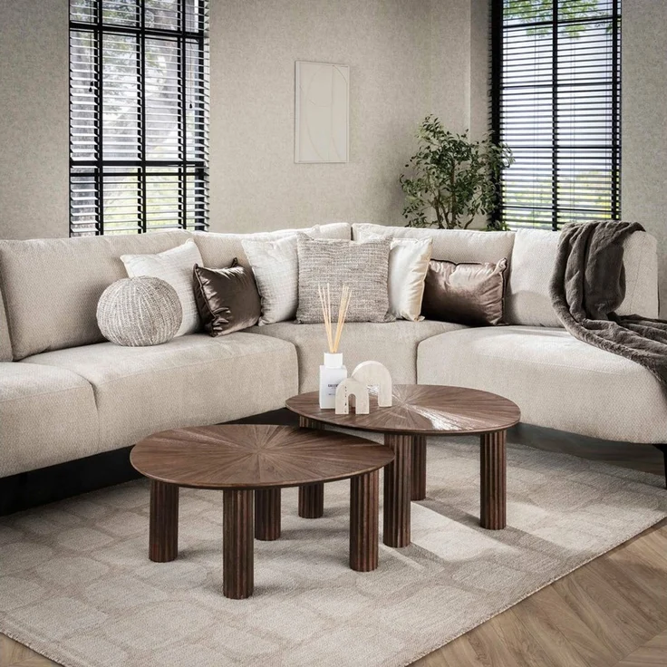 alesvelt Couchtisch FLAVIO TRAINGOLO Dreieckige Satztische im Mid-Century Design (2-er Set), 75 x 61 x 45 cm Teak Säulenbeine – Bild 2