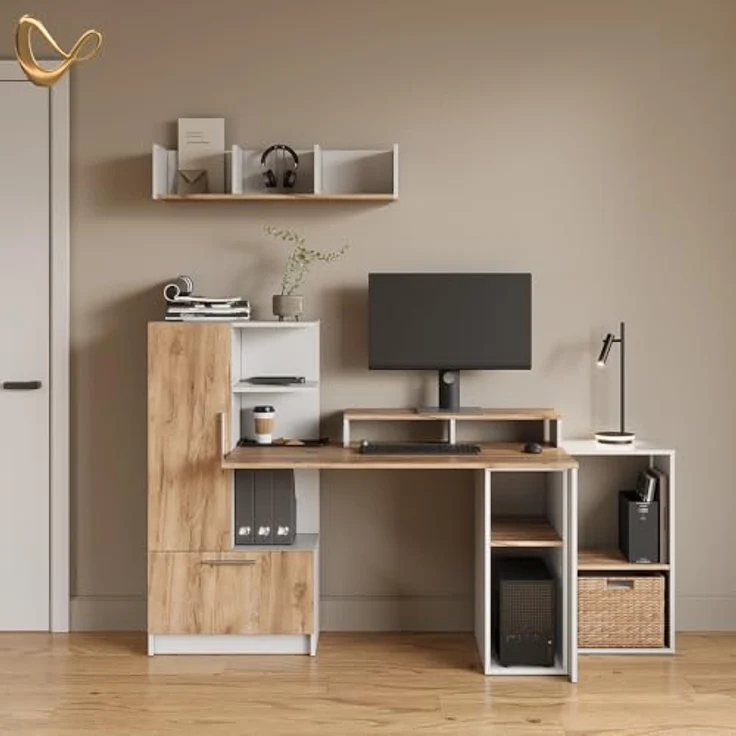 Livinity® PC-Schrank Lorena, Weiß/Goldkraft Eiche, 28.5 x 72 cm mit 2 Fächern (1 St) – Bild 2