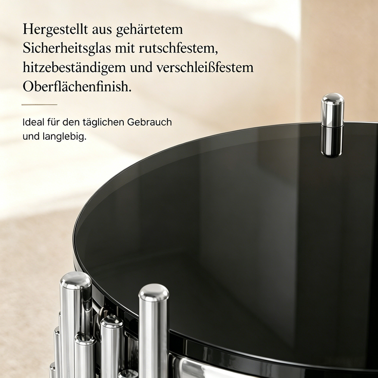 Beistelltisch rund H 55 x T 45 x B 45 cm mit 2 Ebenen, schwarzes gehärtetes Glas und Edelstahlgestell in Silber – Bild 7