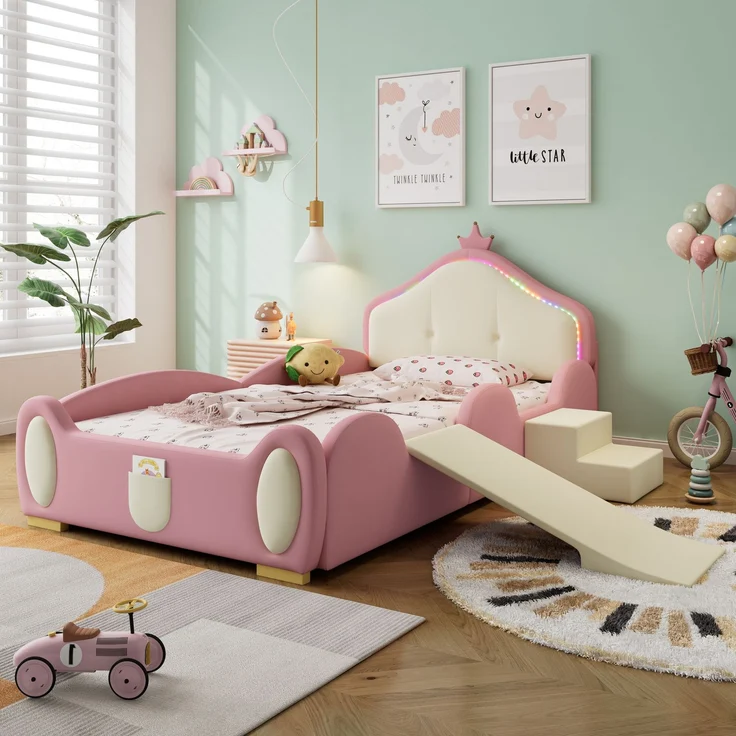 Merax Polsterbett 90x200cm, Crown Cartoon Bett, Mit Multi-Mode-LED-Streifen, Kinderbett mit kleiner Rutsche und Treppe, mit schützenden weichen Kanten, mit Holzlatten, PU, Rosa + Beige – Bild 5