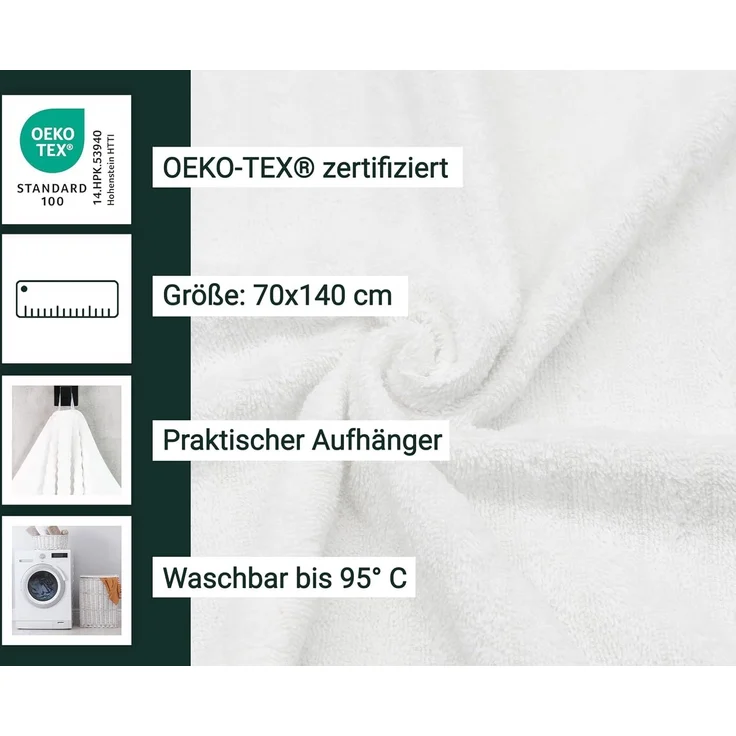 ZOLLNER 5er Set Duschtücher, Größe 70x140 cm, 100% Baumwolle, weiß – Bild 2