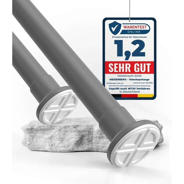 MEISENBERG Vorhangstange ohne Bohren 310-360cm, Grau, Ø 32 mm, Teleskopstange zum Klemmen für Fenster, Dusche, Terrasse und Trennwand