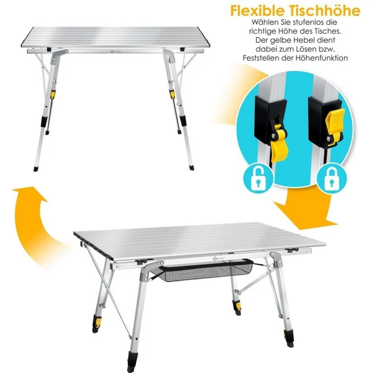 KESSER® Campingtisch faltbar Klapptisch mit Aluminiumrahmen Aufrollbare Tischplatte Falttisch klappbar höhenverstellbar inkl. Tragetasche mit Trageband & Netztasche Silber – Bild 2