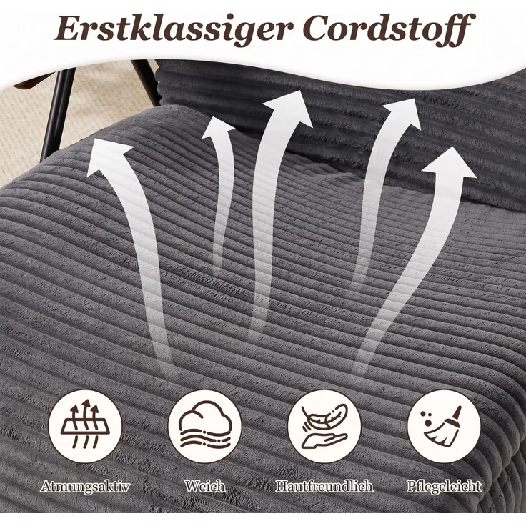 LVHOM Relaxsessel mit Lattenrost, ergonomischer Fernsehsessel, gepolsterter Loungesessel mit Armlehnen, XXL Lesesessel für Wohn- und Schlafzimmer, Cord Grau – Bild 4