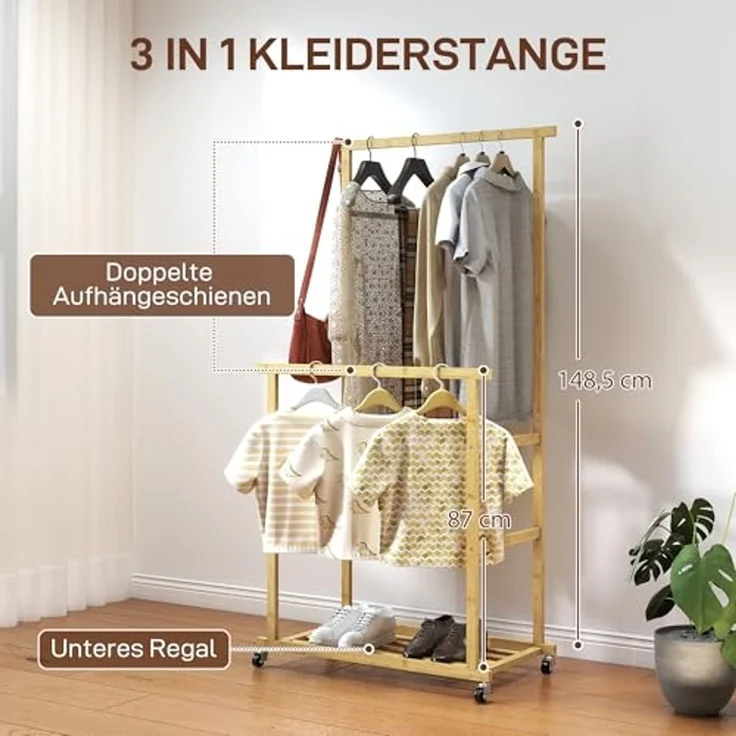 HOMCOM Kleiderständer mit Rollen, Kleiderstange, Schuhablage, (Garderobe aus Bambus, 1 St, Garderobenständer), für Schlafzimmer, Ausstellungen, Waschküche, Natur – Bild 3