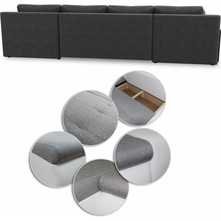 Wohnlandschaft mit Schlaffunktion Faris U-Form - Couch, Schlafsofa mit Bettkasten, Couchgranitur mit Bettfunktion, Big Sofa, Bettsofa (Schwarz (Kronos 07)) – Bild 4