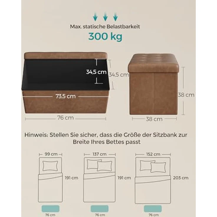 Songmics Sitzhocker mit Stauraum, klappbare Sitzbank, 38 x 76 x 38 cm Fußbank, Aufbewahrungsbox, bis 300 kg belastbar, für Wohnzimmer Schlafzimmer Flur, kaffeebraun LSF040K11 – Bild 4