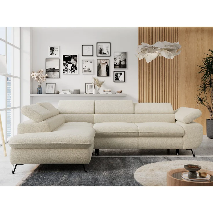 Mks Möbel 'Peter L-form' Ecksofa mit Bettfunktion, Bettkasten & einstellbaren Kopfstützen, Beige, Boucle, links – Bild 1