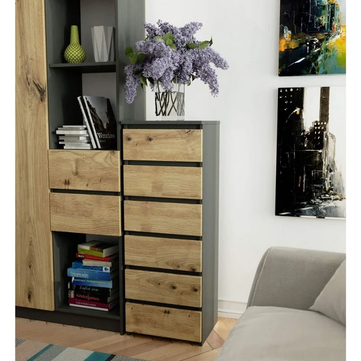 Home Collective Kommode 40 cm breit Holz Highboard Sideboard für Flur Schlafzimmer Wohnzimmer (Mehrzweckschrank Schrank schmal Kommode Schlafzimmer mit Schubladen), Kinderzimmer, 109 cm hoch mit 6 Schubladen Graphit-Artisan Eiche – Bild 3