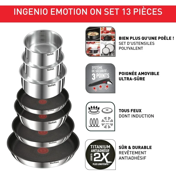 Tefal Topf-Set Tefal Ingenio Emotion Kochgeschirr, 13-teilig, Edelstahl, stapelbar, Edelstahl (13-tlg), Titanium X2 Beschichtung – Bild 3