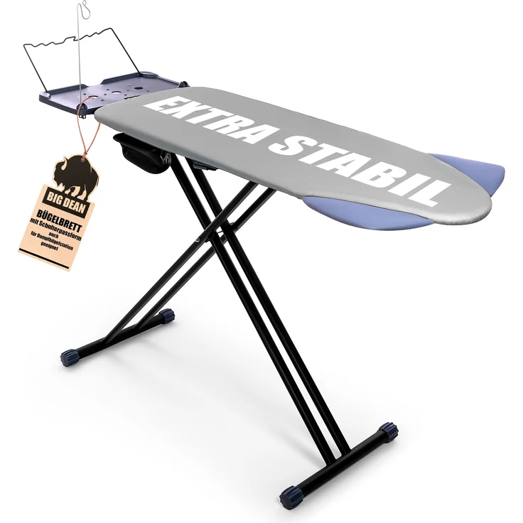 BigDean Bügelbrett XXL (120x45 cm Bügelfläche) inkl. ausklappbarer Schulterpassform - Stabiler Bügeltisch für Dampfbügelstationen und Bügeleisen - Ironing Board - höhenverstellbar – Bild 1
